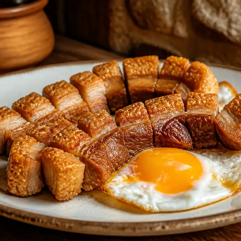 Huevos rotos con torreznos crujientes de Soria